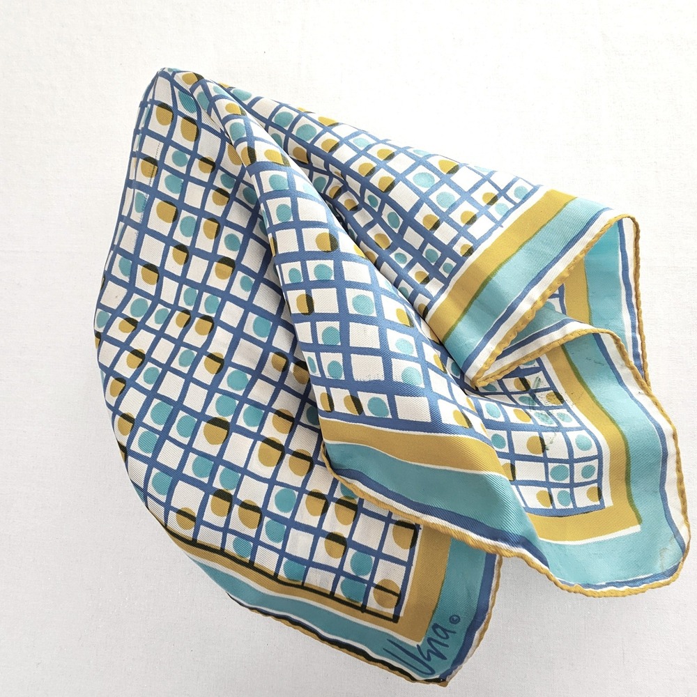 Vera Neumann Vintage Silk Scarf Blue Yellow Geometric Polka Dot Square 22.5in